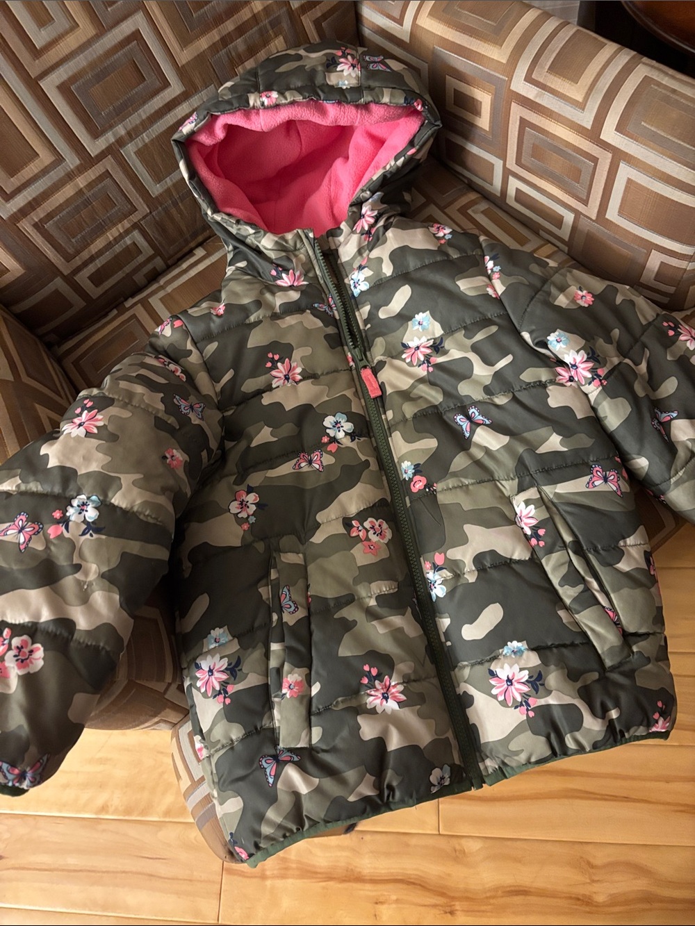 Carter's Girls' Floral Camo Hooded Puffer Jacket - Green & Pink